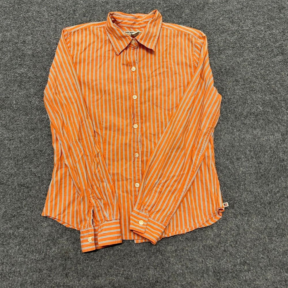 Polo Jeans Company Button Down Womens Size L Orange Striped Long Sleeve Cotton
